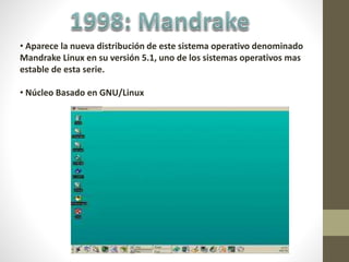 • Aparece la nueva distribución de este sistema operativo denominado
Mandrake Linux en su versión 5.1, uno de los sistemas operativos mas
estable de esta serie.
• Núcleo Basado en GNU/Linux
 