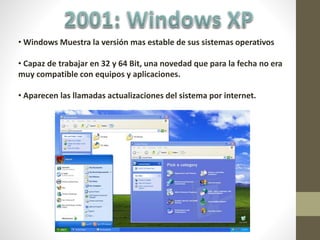 • Windows Muestra la versión mas estable de sus sistemas operativos
• Capaz de trabajar en 32 y 64 Bit, una novedad que para la fecha no era
muy compatible con equipos y aplicaciones.
• Aparecen las llamadas actualizaciones del sistema por internet.
 