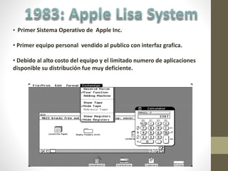 • Primer Sistema Operativo de Apple Inc.
• Primer equipo personal vendido al publico con interfaz grafica.
• Debido al alto costo del equipo y el limitado numero de aplicaciones
disponible su distribución fue muy deficiente.
 