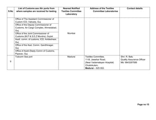 Page no 15
S.No
List of Customs sea /Air ports from
where samples are received for testing
Nearest Notified
Textiles Committee
Laboratory
Address of the Textiles
Committee Laboratories
Contact details
Office of The Assistant Commissioner of
Custom ICD, Valvada, Guj
Mumbai
Office of the Deputy Commissioner of
Customs, Air Cargo Complex, Ahmedabad,
Guj
Office of the Joint Commissioner of
Customs (M.P & S.E.Z Mundra), Gujrat
Asstt. comm. of customs, ICD, Ankleshwar,
Guj
Office of the Asst. Comm. Gandhinagar,
Guj
Office of Asstt./Depty Comm of Customs,
Pipavav, Guj
9
Tuticorin Sea port Madurai Textiles Committee,
11-B, Jawahar Road,
(Near Vadamalayan Hospital)
Chokkikulam,
Madurai – 625 002.
Shri. R. Balu
Quality Assurance Officer
Mb: 9843267089
 