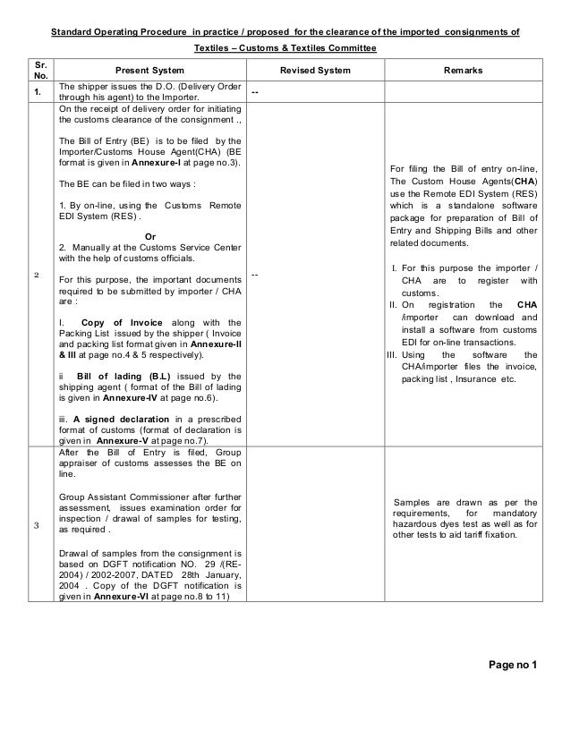 sop for export import for textile invoice packing list format