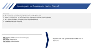Inputting salesfor Outlets under Hawker Channel
DMS Link: http://lakshya.cloware.com/corestockyng/
DMS User ID: <DMSUser ID>
DMS Password: <DMSpassword>
Importantlinks and Login Details which will beused in
the manual
Prerequisites :
1) Dummy SEtobe created tobe mapped tothe outlet under hawker channel
2) Createat least one outlet, one new beat foradding the hawker channel sales in DMSforthe WD
3) RCP updated forthe WD, mapping the created beat tothe dummy SE
4) Stock is allocated tothe Dummy SE
 