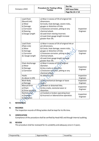Company LOGO
Procedure for Testing Lifting
Tackles
Doc No:
SOP Issue Date:
Page No:14 of 14
Prepared By – Approved By – Issued by -
Load Chain
(Round Link)
a) Wear
b) Damage
c) Corrosion
d) Reeving
e) Gauge Length
a) Wear in excess of 5% of original link
dimensions.
b) Cracks, heat damage, severe nicks,
gouges or distortion of links
c) Excessive corrosion, pitting or any
chemical attack.
d) Load chain reeving incorrect.
e) Load chain gauge length increase
greater than 3%.
Inspection
Engineer
Load Chain
(Plate Link)
a) Wear
b) Damage
c) Corrosion
d). Gauge Length
a) Wear in excess of 5% of original link or
pin dimensions.
b) Cracks, heat damage, severe nicks,
gouges or distortion of links
c) Excessive corrosion, pitting or any
chemical attack.
d) Load chain gauge length increase
greater than 3%.
Inspection
Engineer
Chain Anchorage
a) Wear
b) Damage
c) Corrosion
a) Wear in excess of 5% of original
diameter.
b) Any cracks or distortion.
c) Excessive corrosion, pitting or any
chemical attack.
Inspection
Engineer
Hooks
As above in (29)
As above in (29) Inspection
Engineer
Block Body
a) Damage
a) Any mechanical damage or loose
covers.
Inspection
Engineer
Manual Drive
a) Chain
b) Drive sprocket
a) Broken or distorted links.
b) Any cracks, excessive wear or
distortion.
Inspection
Engineer
Ratchet Lever
a) Damage -
b) Operation
a) Cracked or broken operating lever
b) Incorrect or labored drive operation.
Inspection
Engineer
7. REFERENCES
8. RECORDS
The inspection records of lifting tackles shall be kept for its life time.
9. VERIFICATION
Compliance of the procedure shall be verified by Head HSE and though internal auditing.
10. REVIEW
This procedure shall be reviewed for its suitability and adequacy once in 3 years.
 