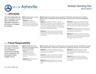 CITY OF          Asheville                                                                                  Strategic Operating Plan
                                                                                                                                     2012-2013

> > Affordable
The City of Asheville will   Goal I: Hold the line on taxes       Goal II: Support the creation and preservation of affordable rental and home ownership
offer a standard of living   and minimize fees.                   opportunities in Asheville so that all citizens have access to safe, sufficient and affordable
                              Objective 1: Explore                housing.
that is affordable and
                              opportunities to enhance             Objective 1: Implement reforms to Unified           Objective 3: Support the Housing Authority
attainable for people of      affordability by reducing utility    Development Ordinance to encourage affordable       to develop a comprehensive plan for public
all incomes, life stages      costs through innovative energy      housing development; expand commitments to          housing; continue to pursue redevelopment of
and abilities.                efficiency financing programs.       mixed income neighborhoods and consider the         public housing with a HOPE VI-type project.
                                                                   formula “housing+transportation” for prioritizing
                                                                   the location of affordable housing.                 Objective 4: Support initiatives to end chronic
                                                                                                                       homelessness in Asheville with an emphasis on
                                                                   Objective 2: Explore opportunities for public/      the Housing First philosophy.
                                                                   private partnerships and innovative financing
                                                                   mechanisms to incentivize affordable housing        Objective 5: Continue to provide funding for
                                                                   development.                                        affordable housing development loans through
                                                                                                                       the Housing Trust Fund; adequately fund the
                                                                                                                       Affordable Housing Trust Fund.




> > Fiscal Responsibility
The City of Asheville        Goal I: Operate the City of          Goal 2: Explore alternatives for enhancing the city’s long-term financial commitment to master
will support a stronger,     Asheville to the highest levels      plan implementation, infrastructure maintenance, capital improvements, and public facilities.
                             of fiscal responsibility.
more prosperous                                                    Objective 1: Leverage internal and external         Objective 4: Seek efficiencies in master
                              Objective 1: Maximize                partnerships for pursuing capital improvements      plan implementation by identifying plan
community by making           resources and create                 and infrastructure projects.                        interdependencies, funding sources and key
smart investments that        meaningful performance                                                                   partnerships.
accomplish lasting,           measures for programs and            Objective 2: Utilize existing revenue streams
                              services.                            to maximize capital investment through debt         Objective 5: Research and provide a
tangible returns.                                                  financing and pay-as-you-go opportunities.          recommendation on parking rates based
                              Objective 2: Sustain at least a                                                          on benchmark information and community
                              15% Fund Balance.                    Objective 3: Explore feasibility of a General       participation.
                                                                   Obligation Bond referendum now or in future
                                                                   years.


www.AshevilleNC.gov
 