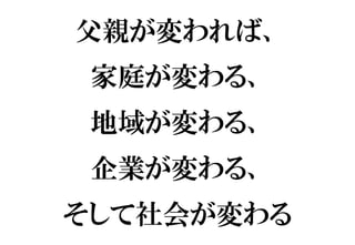 父親が変われば、
家庭が変わる、
地域が変わる、
企業が変わる、
そして社会が変わる
 