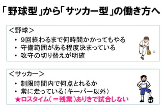 「野球型」から「サッカー型」の働き方へ
•  ９回終わるまで何時間かかってもやる	
•  守備範囲がある程度決まっている	
•  攻守の切り替えが明確	
＜野球＞	
•  制限時間内で何点とれるか	
•  常に走っている（キーパー以外）	
★ロスタイム（＝残業）ありきで試合しない
＜サッカー＞	
 