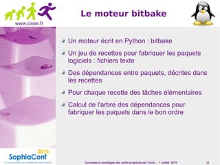 Concepts et avantages des outils proposés par Yocto - 7 Juillet 2015 18
www.ciose.fr
Le moteur bitbake
Un moteur écrit en Python : bitbake
Un jeu de recettes pour fabriquer les paquets
logiciels : fichiers texte
Des dépendances entre paquets, décrites dans
les recettes
Pour chaque recette des tâches élémentaires
Calcul de l'arbre des dépendances pour
fabriquer les paquets dans le bon ordre
 
