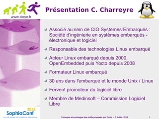 Concepts et avantages des outils proposés par Yocto - 7 Juillet 2015 3
www.ciose.fr
Présentation C. Charreyre
Associé au sein de CIO Systèmes Embarqués :
Société d'ingénierie en systèmes embarqués -
électronique et logiciel
Responsable des technologies Linux embarqué
Acteur Linux embarqué depuis 2000,
OpenEmbedded puis Yocto depuis 2008
Formateur Linux embarqué
30 ans dans l'embarqué et le monde Unix / Linux
Fervent promoteur du logiciel libre
Membre de Medinsoft – Commission Logiciel
Libre
 