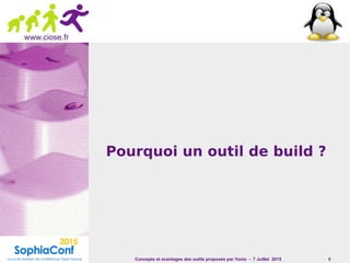 Concepts et avantages des outils proposés par Yocto - 7 Juillet 2015 8
www.ciose.fr
Pourquoi un outil de build ?
 
