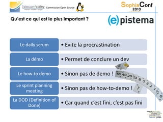 Commission Open Source



Qu’est ce qui est le plus important ?




    Le daily scrum          • Evite la procrastination

       La démo              • Permet de conclure un dev

   Le how-to demo           • Sinon pas de demo !
  Le sprint planning
       meeting
                            • Sinon pas de how-to-demo !
 La DOD (Definition of
       Done)
                            • Car quand c’est fini, c’est pas fini
 