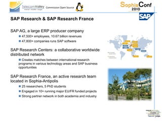 Commission Open Source



SAP Research & SAP Research France

SAP AG, a large ERP producer company
     47,500+ employees, 10.67 billion revenues
     47,800+ companies runs SAP software

SAP Research Centers: a collaborative worldwide
distributed network
     Creates matches between international research
    programs in various technology areas and SAP business
    opportunities

SAP Research France, an active research team
located in Sophia-Antipolis
     25 researchers, 5 PhD students
     Engaged in 10+ running major EU/FR funded projects
     Strong partner network in both academia and industry
 