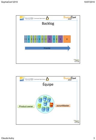 SophiaConf 2010                                                                 10/07/2010




                                  Commission Open Source




                                                 Backlog


                      11 3 2 1 2 1 3 2 1 2                 5    3 2   5   8



                                                     Priorité




                                  Commission Open Source




                                                  Équipe




                  Product owner                                   scrumMaster




Claude Aubry                                                                            3
 
