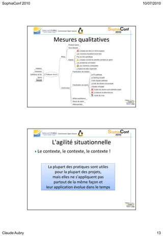 SophiaConf 2010                                                      10/07/2010




                              Commission Open Source




                            Mesures qualitatives




                              Commission Open Source




                           L'agilité situationnelle
                  Le contexte, le contexte, le contexte !


                         La plupart des pratiques sont utiles
                              pour la plupart des projets,
                            mais elles ne s'appliquent pas
                             partout de la même façon et
                        leur application évolue dans le temps



                                                                42




Claude Aubry                                                                13
 