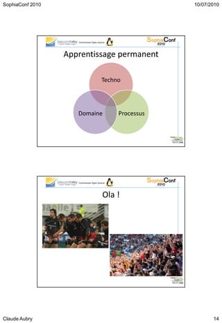 SophiaConf 2010                                           10/07/2010




                     Commission Open Source




                  Apprentissage permanent

                                        Techno




                     Domaine                  Processus




                     Commission Open Source




                                         Ola !




Claude Aubry                                                     14
 