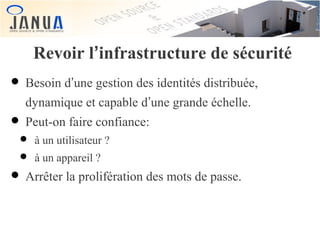 Revoir l’infrastructure de sécurité

• Besoin d’une gestion des identités distribuée,
dynamique et capable d’une grande échelle.

• Peut-on faire confiance:
• à un utilisateur ?
• à un appareil ?

• Arrêter la prolifération des mots de passe.

 