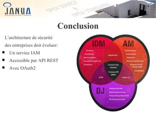 Conclusion
L’architecture de sécurité
des entreprises doit évoluer:

•
•
•

Un service IAM
Accessible par API REST
Avec OAuth2

 