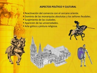 ASPECTOS POLÍTICO Y CULTURAL
 Reactivación del comercio con el cercano oriente.
 Dominio de las monarquías absolutas y los señores feudales.
 Surgimiento de las ciudades.
 Aparición de las universidades.
 Arte gótico y pintura religiosa.
 