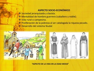 ASPECTO SOCIO-ECONÓMICO
 Sociedad jerarquizada y clasista.
 Mentalidad de hombre guerrero (caballero y noble).
 Vida rural o campesina.
 Proliferación de la pobreza al ser catalogada la riqueza pecado.
 Desarrollo del sistema feudal
“ASPECTO DE LA VIDA EN LA EDAD MEDIA”
 