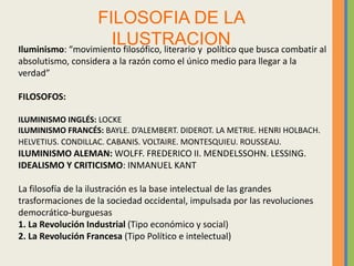 FILOSOFIA DE LA
ILUSTRACION
Iluminismo: “movimiento filosófico, literario y político que busca combatir al
absolutismo, considera a la razón como el único medio para llegar a la
verdad”
FILOSOFOS:
ILUMINISMO INGLÉS: LOCKE
ILUMINISMO FRANCÉS: BAYLE. D’ALEMBERT. DIDEROT. LA METRIE. HENRI HOLBACH.
HELVETIUS. CONDILLAC. CABANIS. VOLTAIRE. MONTESQUIEU. ROUSSEAU.
ILUMINISMO ALEMAN: WOLFF. FREDERICO II. MENDELSSOHN. LESSING.
IDEALISMO Y CRITICISMO: INMANUEL KANT
La filosofía de la ilustración es la base intelectual de las grandes
trasformaciones de la sociedad occidental, impulsada por las revoluciones
democrático-burguesas
1. La Revolución Industrial (Tipo económico y social)
2. La Revolución Francesa (Tipo Político e intelectual)
 