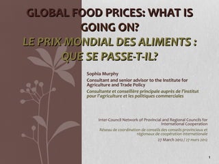 GLOBAL FOOD PRICES: WHAT IS
          GOING ON?
LE PRIX MONDIAL DES ALIMENTS :
       QUE SE PASSE-T-IL?
           Sophia Murphy
           Consultant and senior advisor to the Institute for
           Agriculture and Trade Policy
           Consultante et conseillère principale auprès de l’institut
           pour l’agriculture et les politiques commerciales



                 Inter-Council Network of Provincial and Regional Councils for
                                                     International Cooperation
                  Réseau de coordination de conseils des conseils provinciaux et
                                      régionaux de coopération internationale
                                                  27 March 2012 / 27 mars 2012



                                                                                   1
 
