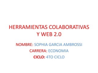 HERRAMIENTAS COLABORATIVAS
        Y WEB 2.0
  NOMBRE: SOPHIA GARCIA AMBROSSI
       CARRERA: ECONOMIA
         CICLO: 4TO CICLO
 