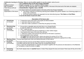 Collaborative learning in eTwinning- Alone we can do so little; together we can do so much , Sophia Kouzouli
Title Let’ s retell the story of The Very hungry Caterpillar
Subjects involved English Language, Art, ICT, Literature, Mother tongue,
Age of students: 7-9, Yet, it can be used with older or younger students, if the level of the book and of the tasks are adapted..
Tools that you will use AnswerGarden, Tagxedo, issuu, colorillo
Outcome An ebook made by the students based on the story of the Very Hungry Caterpillar
Organization of the lesson  This lesson could be an eTwinning Learning Event between two partner classes in an eTwinning project or a
Skype video conference.
 Ss of both partner classes are separated into two intercultural groups: The Caters and the Pillars
It can be the lesson of just one class.
Description of the lesson plan
1 Introducing
(2 minutes)
 T shows the cover of the book to the pupils and elicits answers
 T. asks them what the book is about
 T. asks Ss to make a prediction on what they are going to do today.
2 Brainstorming
(4 minutes)
 Ss say what a caterpillar eats and write them on an AnswerGarden
In case the children do not know the word the T. helps them write it.
3 Deciding
(10 minutes)
 The T. reads the story.
 T. help Ss understand the story by explaining it in their mother tongue.
 They decide which parts of the story they will draw
 T. writes the number of the pictures they will draw on the board ( 9 pictures )
 Ss are separated in two 2 groups:
The Caters who will draw the story ( about one picture for a group of 2 or 3 Ss)
The Pillars who will write the story ( about one description for a picture for a group of 2 or 3 Ss)
4 Meeting Online
(5 minutes)
The two teams greet each other and decide what each of them will do.
5 Creating
(20 minutes)
The Caters draw the pictures and the Pillars write the corresponding lines
The Pillars read the story and the Caters show the corresponding picture
The Ts. export the AnswerGarden to Tagxedo and upload it together with the pictures and descriptions on the Materials
on Twinspace to make the ebook on issuu.
6 Evaluating
(4 minutes)
Ss of both classes draw on colorillo flowers or trees if they enjoyed the story and clouds if there was sth they did not like.
 