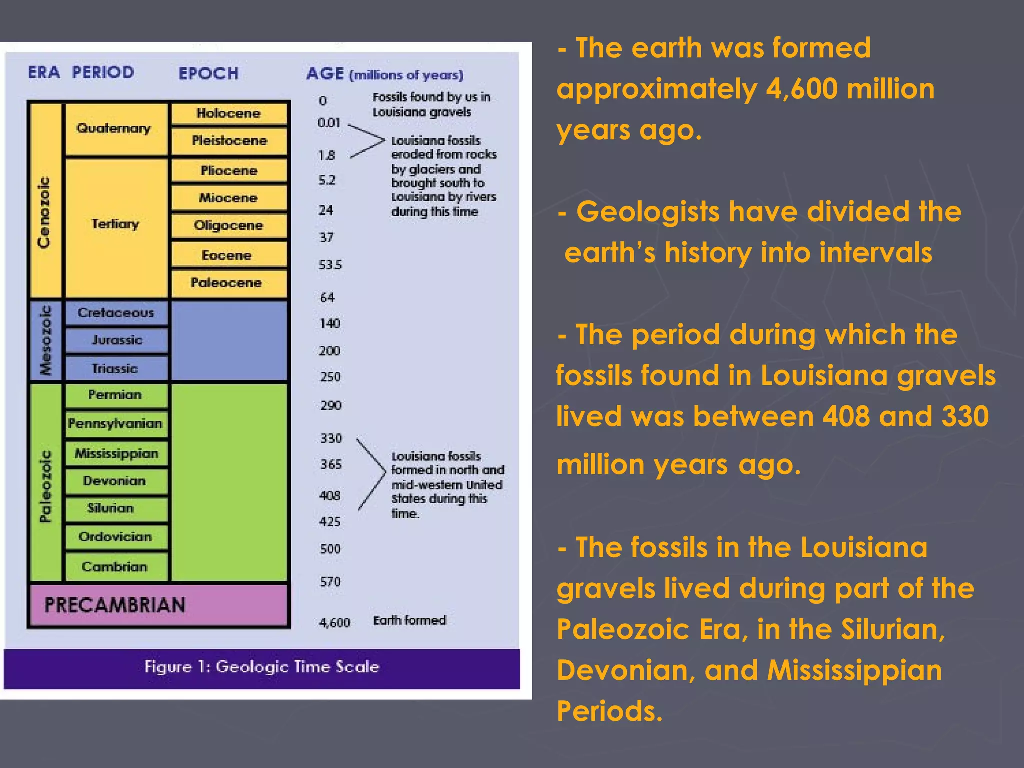 - The earth was formed
approximately 4,600 million
years ago.
- Geologists have divided the
earth’s history into intervals
- The period during which the
fossils found in Louisiana gravels
lived was between 408 and 330
million years ago.
- The fossils in the Louisiana
gravels lived during part of the
Paleozoic Era, in the Silurian,
Devonian, and Mississippian
Periods.
 