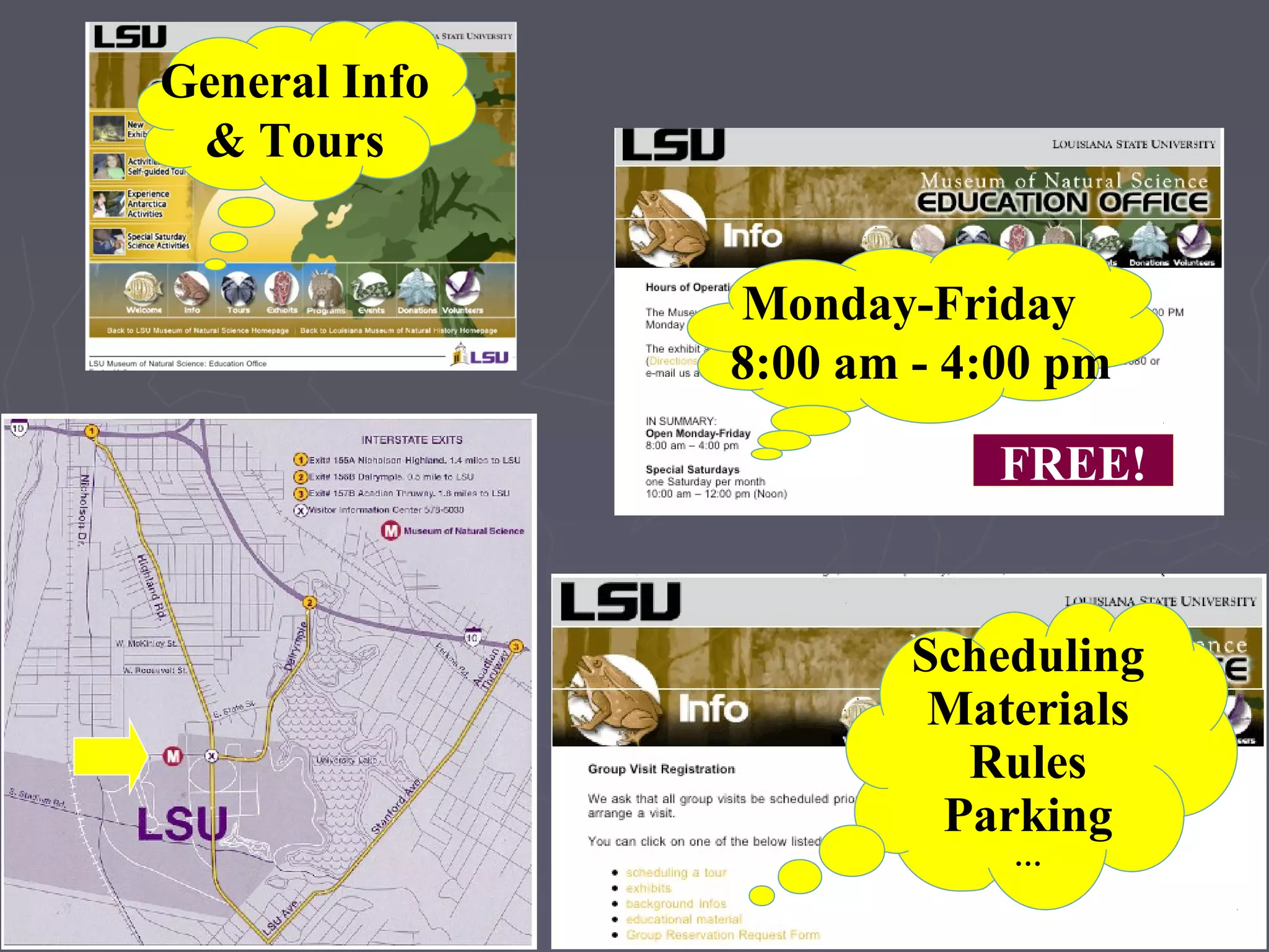 General Info
& Tours
Monday-Friday
8:00 am - 4:00 pm
FREE!
Scheduling
Materials
Rules
Parking
…
 