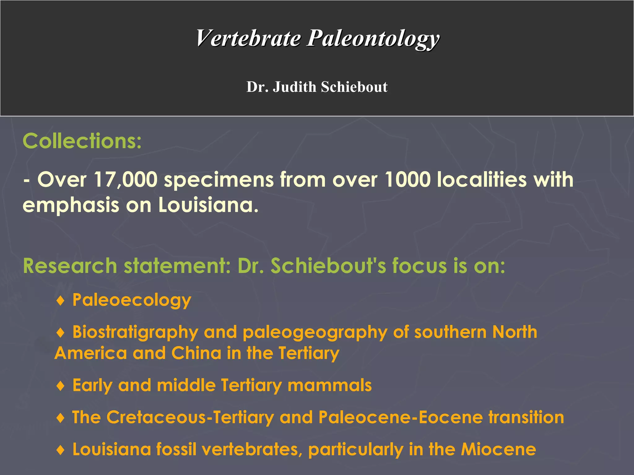 Collections:
- Over 17,000 specimens from over 1000 localities with
emphasis on Louisiana. 
Research statement: Dr. Schiebout's focus is on:
♦ Paleoecology
♦ Biostratigraphy and paleogeography of southern North
America and China in the Tertiary
♦ Early and middle Tertiary mammals
♦ The Cretaceous-Tertiary and Paleocene-Eocene transition
♦ Louisiana fossil vertebrates, particularly in the Miocene
Vertebrate PaleontologyVertebrate Paleontology
Dr. Judith Schiebout
 