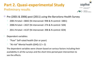 Part 2. Quasi-experimental Study
Preliminary results
 Pre (2001 & 2006) post (2011) using the Barcelona Health Survey
 2...