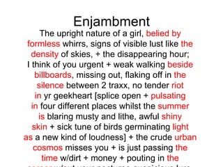 Enjambment
      The upright nature of a girl, belied by
 formless whirrs, signs of visible lust like the
   density of skies, + the disappearing hour;
 I think of you urgent + weak walking beside
    billboards, missing out, flaking off in the
     silence between 2 traxx, no tender riot
    in yr geekheart [splice open + pulsating
   in four different places whilst the summer
     is blaring musty and lithe, awful shiny
   skin + sick tune of birds germinating light
as a new kind of loudness] + the crude urban
    cosmos misses you + is just passing the
      time w/dirt + money + pouting in the
 