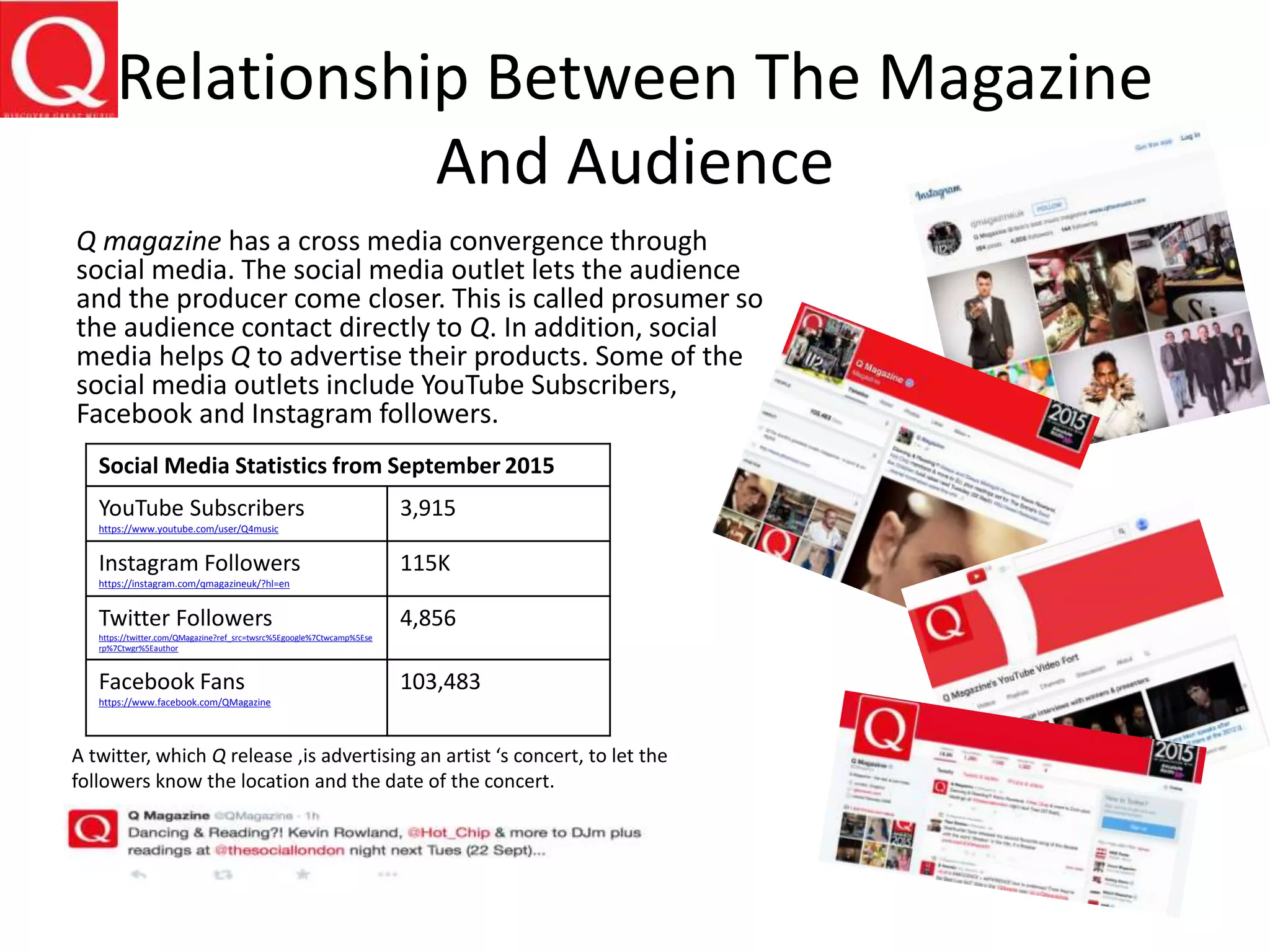 Relationship Between The Magazine
And Audience
Q magazine has a cross media convergence through
social media. The social media outlet lets the audience
and the producer come closer. This is called prosumer so
the audience contact directly to Q. In addition, social
media helps Q to advertise their products. Some of the
social media outlets include YouTube Subscribers,
Facebook and Instagram followers.
Social Media Statistics from September 2015
YouTube Subscribers
https://www.youtube.com/user/Q4music
3,915
Instagram Followers
https://instagram.com/qmagazineuk/?hl=en
115K
Twitter Followers
https://twitter.com/QMagazine?ref_src=twsrc%5Egoogle%7Ctwcamp%5Ese
rp%7Ctwgr%5Eauthor
4,856
Facebook Fans
https://www.facebook.com/QMagazine
103,483
A twitter, which Q release ,is advertising an artist ‘s concert, to let the
followers know the location and the date of the concert.
 