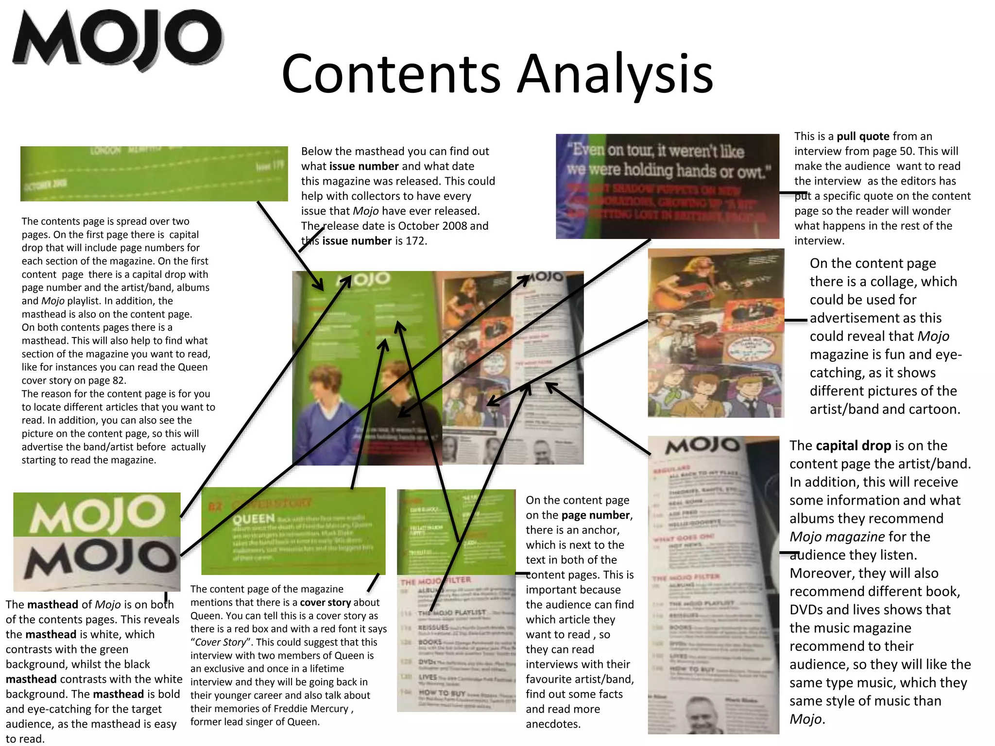 Contents Analysis
On the content page
there is a collage, which
could be used for
advertisement as this
could reveal that Mojo
magazine is fun and eye-
catching, as it shows
different pictures of the
artist/band and cartoon.
The capital drop is on the
content page the artist/band.
In addition, this will receive
some information and what
albums they recommend
Mojo magazine for the
audience they listen.
Moreover, they will also
recommend different book,
DVDs and lives shows that
the music magazine
recommend to their
audience, so they will like the
same type music, which they
same style of music than
Mojo.
On the content page
on the page number,
there is an anchor,
which is next to the
text in both of the
content pages. This is
important because
the audience can find
which article they
want to read , so
they can read
interviews with their
favourite artist/band,
find out some facts
and read more
anecdotes.
Below the masthead you can find out
what issue number and what date
this magazine was released. This could
help with collectors to have every
issue that Mojo have ever released.
The release date is October 2008 and
this issue number is 172.
This is a pull quote from an
interview from page 50. This will
make the audience want to read
the interview as the editors has
put a specific quote on the content
page so the reader will wonder
what happens in the rest of the
interview.
The content page of the magazine
mentions that there is a cover story about
Queen. You can tell this is a cover story as
there is a red box and with a red font it says
“Cover Story”. This could suggest that this
interview with two members of Queen is
an exclusive and once in a lifetime
interview and they will be going back in
their younger career and also talk about
their memories of Freddie Mercury ,
former lead singer of Queen.
The contents page is spread over two
pages. On the first page there is capital
drop that will include page numbers for
each section of the magazine. On the first
content page there is a capital drop with
page number and the artist/band, albums
and Mojo playlist. In addition, the
masthead is also on the content page.
On both contents pages there is a
masthead. This will also help to find what
section of the magazine you want to read,
like for instances you can read the Queen
cover story on page 82.
The reason for the content page is for you
to locate different articles that you want to
read. In addition, you can also see the
picture on the content page, so this will
advertise the band/artist before actually
starting to read the magazine.
The masthead of Mojo is on both
of the contents pages. This reveals
the masthead is white, which
contrasts with the green
background, whilst the black
masthead contrasts with the white
background. The masthead is bold
and eye-catching for the target
audience, as the masthead is easy
to read.
 