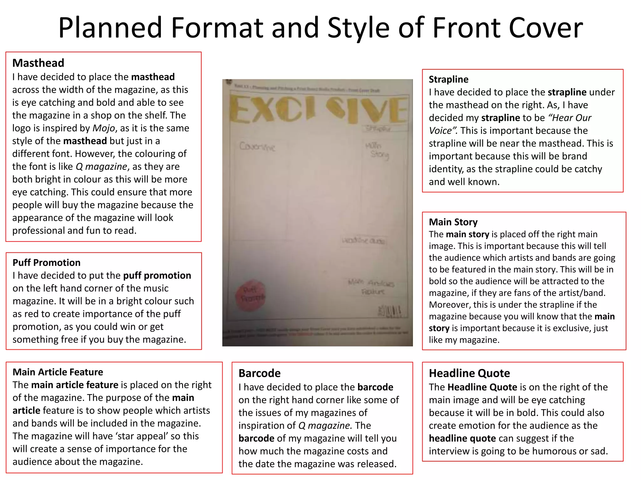 Planned Format and Style of Front Cover
Masthead
I have decided to place the masthead
across the width of the magazine, as this
is eye catching and bold and able to see
the magazine in a shop on the shelf. The
logo is inspired by Mojo, as it is the same
style of the masthead but just in a
different font. However, the colouring of
the font is like Q magazine, as they are
both bright in colour as this will be more
eye catching. This could ensure that more
people will buy the magazine because the
appearance of the magazine will look
professional and fun to read.
Main Story
The main story is placed off the right main
image. This is important because this will tell
the audience which artists and bands are going
to be featured in the main story. This will be in
bold so the audience will be attracted to the
magazine, if they are fans of the artist/band.
Moreover, this is under the strapline if the
magazine because you will know that the main
story is important because it is exclusive, just
like my magazine.
Puff Promotion
I have decided to put the puff promotion
on the left hand corner of the music
magazine. It will be in a bright colour such
as red to create importance of the puff
promotion, as you could win or get
something free if you buy the magazine.
Barcode
I have decided to place the barcode
on the right hand corner like some of
the issues of my magazines of
inspiration of Q magazine. The
barcode of my magazine will tell you
how much the magazine costs and
the date the magazine was released.
Headline Quote
The Headline Quote is on the right of the
main image and will be eye catching
because it will be in bold. This could also
create emotion for the audience as the
headline quote can suggest if the
interview is going to be humorous or sad.
Main Article Feature
The main article feature is placed on the right
of the magazine. The purpose of the main
article feature is to show people which artists
and bands will be included in the magazine.
The magazine will have ‘star appeal’ so this
will create a sense of importance for the
audience about the magazine.
Strapline
I have decided to place the strapline under
the masthead on the right. As, I have
decided my strapline to be “Hear Our
Voice”. This is important because the
strapline will be near the masthead. This is
important because this will be brand
identity, as the strapline could be catchy
and well known.
 