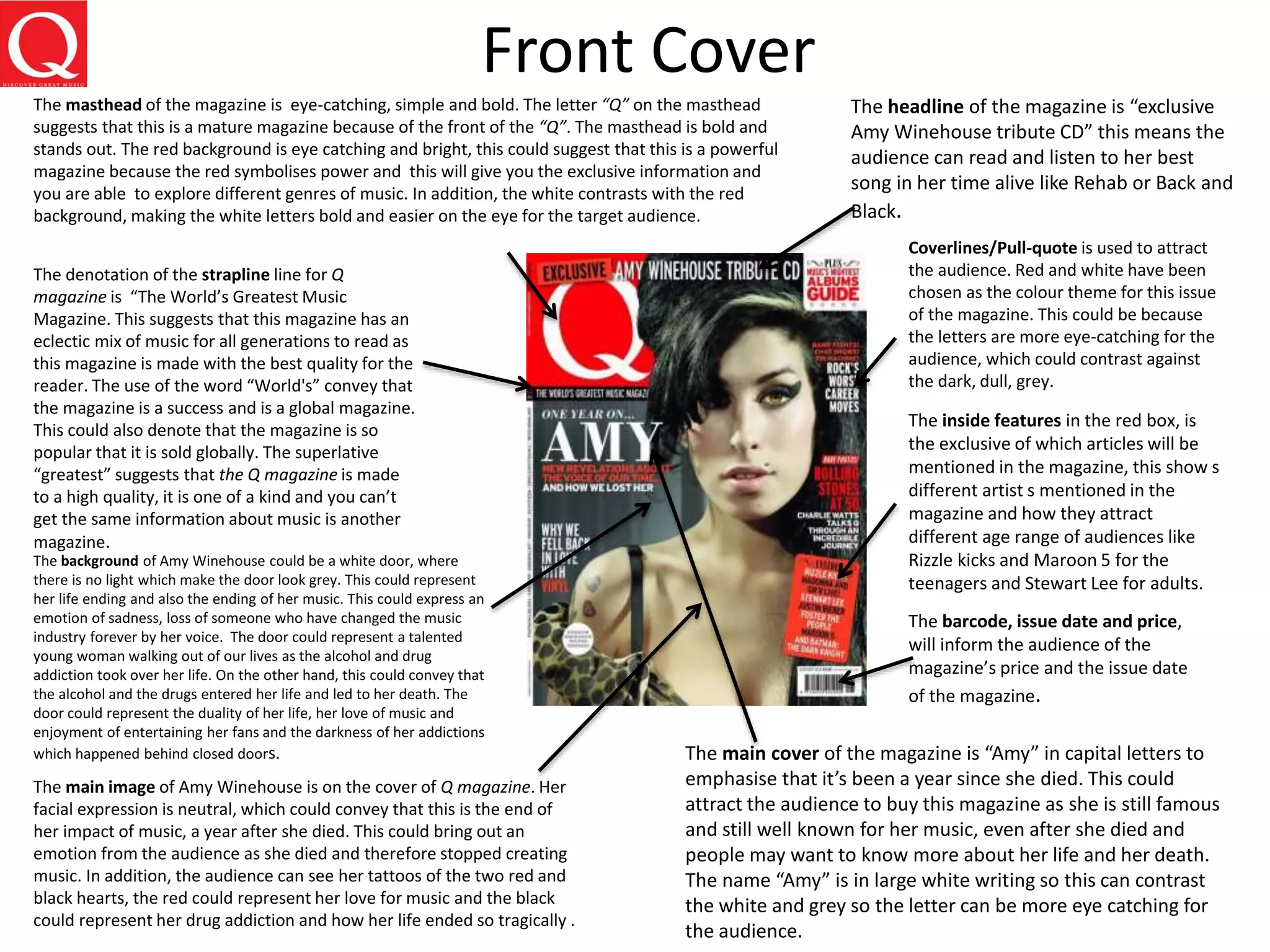 Front Cover
The denotation of the strapline line for Q
magazine is “The World’s Greatest Music
Magazine. This suggests that this magazine has an
eclectic mix of music for all generations to read as
this magazine is made with the best quality for the
reader. The use of the word “World's” convey that
the magazine is a success and is a global magazine.
This could also denote that the magazine is so
popular that it is sold globally. The superlative
“greatest” suggests that the Q magazine is made
to a high quality, it is one of a kind and you can’t
get the same information about music is another
magazine.
The masthead of the magazine is eye-catching, simple and bold. The letter “Q” on the masthead
suggests that this is a mature magazine because of the front of the “Q”. The masthead is bold and
stands out. The red background is eye catching and bright, this could suggest that this is a powerful
magazine because the red symbolises power and this will give you the exclusive information and
you are able to explore different genres of music. In addition, the white contrasts with the red
background, making the white letters bold and easier on the eye for the target audience.
The main image of Amy Winehouse is on the cover of Q magazine. Her
facial expression is neutral, which could convey that this is the end of
her impact of music, a year after she died. This could bring out an
emotion from the audience as she died and therefore stopped creating
music. In addition, the audience can see her tattoos of the two red and
black hearts, the red could represent her love for music and the black
could represent her drug addiction and how her life ended so tragically .
The barcode, issue date and price,
will inform the audience of the
magazine’s price and the issue date
of the magazine.
The headline of the magazine is “exclusive
Amy Winehouse tribute CD” this means the
audience can read and listen to her best
song in her time alive like Rehab or Back and
Black.
The inside features in the red box, is
the exclusive of which articles will be
mentioned in the magazine, this show s
different artist s mentioned in the
magazine and how they attract
different age range of audiences like
Rizzle kicks and Maroon 5 for the
teenagers and Stewart Lee for adults.
Coverlines/Pull-quote is used to attract
the audience. Red and white have been
chosen as the colour theme for this issue
of the magazine. This could be because
the letters are more eye-catching for the
audience, which could contrast against
the dark, dull, grey.
The background of Amy Winehouse could be a white door, where
there is no light which make the door look grey. This could represent
her life ending and also the ending of her music. This could express an
emotion of sadness, loss of someone who have changed the music
industry forever by her voice. The door could represent a talented
young woman walking out of our lives as the alcohol and drug
addiction took over her life. On the other hand, this could convey that
the alcohol and the drugs entered her life and led to her death. The
door could represent the duality of her life, her love of music and
enjoyment of entertaining her fans and the darkness of her addictions
which happened behind closed doors. The main cover of the magazine is “Amy” in capital letters to
emphasise that it’s been a year since she died. This could
attract the audience to buy this magazine as she is still famous
and still well known for her music, even after she died and
people may want to know more about her life and her death.
The name “Amy” is in large white writing so this can contrast
the white and grey so the letter can be more eye catching for
the audience.
 