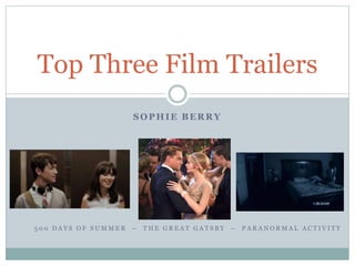 SOPHIE BERRY
Top Three Film Trailers
5 0 0 D A Y S O F S U M M E R – T H E G R E A T G A T S B Y – P A R A N O R M A L A C T I V I T Y
 