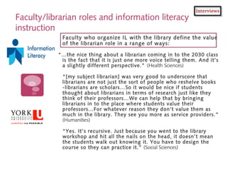 Faculty/librarian roles and information literacy
instruction
Faculty who organize IL with the library define the value
of ...