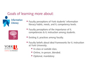 Goals of learning more about:
 Faculty perceptions of York students’ information
literacy habits, needs, and IL competenc...