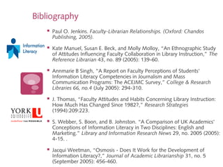 Bibliography
 Paul O. Jenkins. Faculty-Librarian Relationships. (Oxford: Chandos
Publishing, 2005).
 Kate Manuel, Susan ...