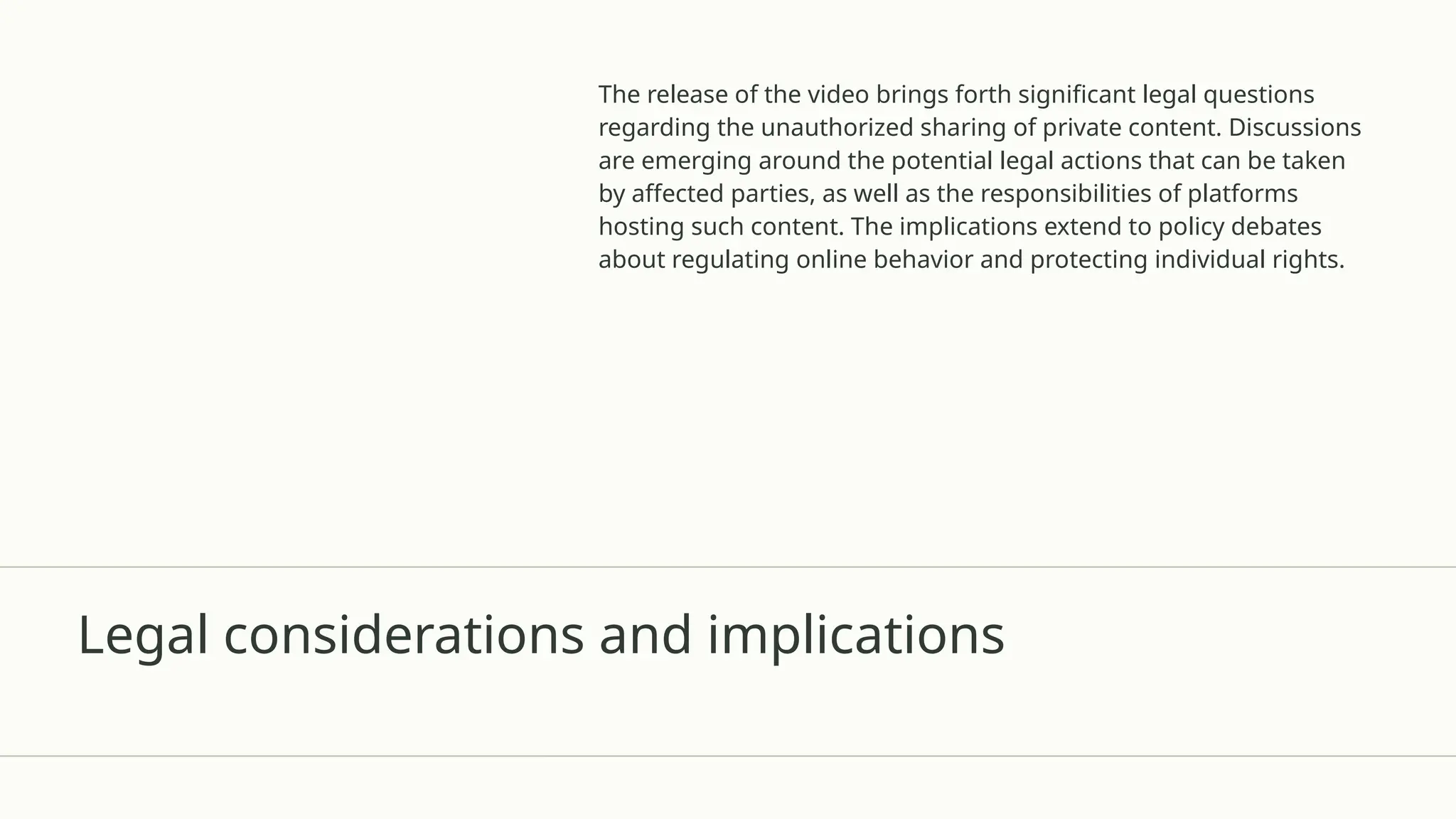 Legal considerations and implications
The release of the video brings forth significant legal questions
regarding the unauthorized sharing of private content. Discussions
are emerging around the potential legal actions that can be taken
by affected parties, as well as the responsibilities of platforms
hosting such content. The implications extend to policy debates
about regulating online behavior and protecting individual rights.
 