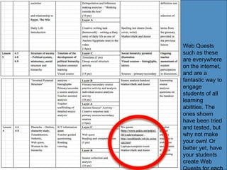 Web Quests
such as these
are everywhere
on the internet,
and are a
fantastic way to
engage
students of all
learning
abilities. The
ones shown
have been tried
and tested, but
why not make
your own! Or
better yet, have
your students
create Web
 