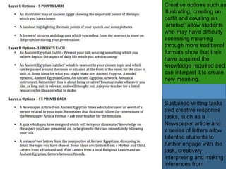 Creative options such as
illustrating, creating an
outfit and creating an
‘artefact’ allow students
who may have difficulty
accessing meaning
through more traditional
formats show that their
have acquired the
knowledge required and
can interpret it to create
new meaning.
Sustained writing tasks
and creative response
tasks, such as a
Newspaper article and
a series of letters allow
talented students to
further engage with the
task, creatively
interpreting and making
inferences from
 