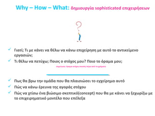 Why – How – What: δημιουργία sophisticated επιχειρήσεων 
 Γιατί; Τι με κάνει να θέλω να κάνω επιχείρηση με αυτό το αντικείμενο 
εργασιών; 
 Τι θέλω να πετύχω; Ποιος ο στόχος μου? Ποιο το όραμα μου; 
σημείωση: όραμα-στόχος-σκοπός πέρα από τα χρήματα 
 Πως θα βρω την ομάδα που θα πλαισιώσει το εγχείρημα αυτό 
 Πώς να κάνω έρευνα της αγοράς στόχου 
 Πώς να χτίσω ένα βιώσιμο σκεπτικό(concept) που θα με κάνει να ξεχωρίζω με 
το επιχειρηματικό μοντέλο που επέλεξα 
 