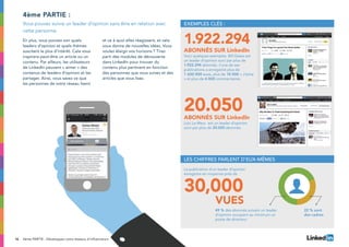 16 4ème PARTIE : Développez votre réseaux d’influenceurs
En plus, vous pouvez voir quels
leaders d’opinion et quels thèmes
suscitent le plus d’intérêt. Cela vous
inspirera peut-être un article ou un
contenu. Par ailleurs, les utilisateurs
de LinkedIn peuvent « aimer » des
contenus de leaders d’opinion et les
partager. Ainsi, vous savez ce que
les personnes de votre réseau lisent
et ce à quoi elles réagissent, et cela
vous donne de nouvelles idées. Vous
voulez élargir vos horizons ? Tirez
parti des modules de découverte
dans LinkedIn pour trouver du
contenu plus pertinent en fonction
des personnes que vous suivez et des
articles que vous lisez.
4ème partie :
exemples clés :
Voici quelques exemples. Bill Gates est
un leader d’opinion suivi par plus de
1.922.294 abonnés. L’une de ses
publications a enregistré plus de
1 600 000 vues, plus de 10 000 « J’aime
» et plus de 4 000 commentaires.
La publication d’un leader d’opinion
enregistre en moyenne près de
49 % des abonnés suivant un leader
d’opinion occupent au minimum un
poste de directeur
22 % sont
des cadres
Loic Le Meur est un leader d’opinion
suivi par plus de 20.050 abonnés.
1.922.294
30,000
20.050abonnés sur LinkedIn
abonnés sur LinkedIn
VUES
Les chiffres parlent d’eux-mêmes
Vous pouvez suivre un leader d’opinion sans être en relation avec
cette personne
 
