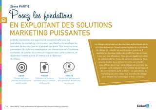 8
2ème partie :
LinkedIn représente une opportunité exceptionnelle pour les
spécialistes du marketing comme vous, qui cherchent à améliorer la
notoriété de leur marque ou à générer des leads. Nos solutions vous
permettent de cibler vos messages et vos interactions vers l’audience
souhaitée, de publier du contenu en rapport avec cette audience, et
d’étendre l’intérêt suscité à l’intérieur et à l’extérieur
du réseau.
Posez les fondations
en exploitant des solutions
marketing puissantes
CIBLER
Ciblage précis pour
atteindre une audience de
grande qualité
PUBLIER
Publication de contenus
pertinents dans un contexte
professionnel
VIRALITé
Viralité via le partage social
et la génération de trafic vers
vos sites web
Le ciblage précis basé sur des données authentiques est le
principe de base sur lequel repose la plate-forme LinkedIn.
Le ciblage de LinkedIn est extrêmement précis car il
exploite les données réelles des profils fournies et mises
à jour par nos utilisateurs. Vous pouvez également cibler
les relations de 1er niveau de certains utilisateurs. Vous
pouvez étudier leurs comportements sur LinkedIn –
pour affiner davantage votre ciblage par exemple, les
groupes qu’ils rejoignent et le nombre de partages et
de commentaires qu’ils publient. Les spécialistes du
marketing peuvent utiliser nos données de ciblage
pour adapter leurs messages et leurs contenus.
2ème PARTIE : Posez les fondations en exploitant des solutions marketing puissantes
 