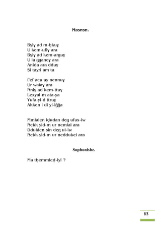 63
Masnsn.
B$i$ ad m-êku$
U kem-ufi$ ara
B$i$ ad kem-argu$
U la ggane$ ara
Anida ara ddu$
Si tayri am ta
£ef acu ay nennu$
Ur wala$ ara
Nni$ ad kem-ttu$
Lexyal-m ata-ya
Yufa-yi-d ttru$
Akken i di yi-iooa
Mmlalen ivudan deg ufus-iw
Nekk yid-m ur nemlal ara
Dduklen sin deg ul-iw
Nekk yid-m ur neddukel ara
Sophonisbe.
Ma têemmlev-iyi ?
 