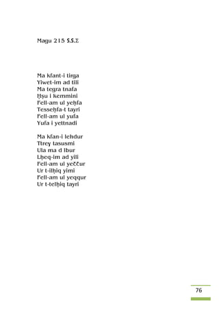 76
Magu 215 S.S.Ä
Ma kfant-i tirga
Yiwet-im ad tili
Ma tegra tnafa
Ëûu i kemmini
Fell-am ul yeêfa
Tesseêfa-t tayri
Fell-am ul yufa
Yufa i yettnadi
Ma kfan-i lehdur
Ttre$ tasusmi
Ula ma d lbur
Lêeq-im ad yili
Fell-am ul yeççur
Ur t-ilêiq yimi
Fell-am ul yeqqur
Ur t-telêiq tayri
 
