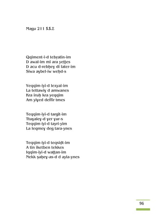 96
Magu 211 S.S.Ä
Qqiment-i-d tebôatin-im
D awal-im mi ara yeîîes
D acu d-rebêe$ di later-im
Siwa a$bel-iw weêd-s
Yeqqim-iyi-d lexyal-im
La tettawi$ d amwanes
Kra iruê kra yeqqim
Am yi$ed deffir tmes
Teqqim-iyi-d targit-im
Ttu$ale$-d $er $ur-s
Teqqim-iyi-d tayri-yim
La leqme$ deg tara-ynes
Teqqim-iyi-d teqsivt-im
A tin iketben tekkes
Iqqim-iyi-d waîîan-im
Nekk ûaêe$-as-d d ayla-ynes
 