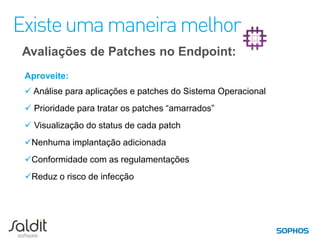 Mapeamento de Licença
As 4 lincenças mais vendidas – Equivalência entre hoje e em Dez/2011

                          Hoje                       Dezembro
                  Endpoint Segurança e Controle     Endpoint Proteção – Avançada



                  Endpoint Segurança e Controle +   Endpoint Proteção – Avançada +
                   Email Segurança e Controle         Email Segurança e Controle


                  Endpoint Groupware Segurança      Endpoint Proteção - Avançada +
                            e Controle                 Sophos para SharePoint


                  Endpoint Segurança e Proteção     Endpoint Proteção – Avançada +
                            de Dados                  Add-on Proteção de Dados




      Os clientes existentes mudaram-se para novas licenças de renovação ou compra


 10
 