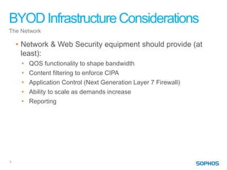BYOD Infrastructure Considerations
The Network

    • Network & Web Security equipment should provide (at
      least):
     •   QOS functionality to shape bandwidth
     •   Content filtering to enforce CIPA
     •   Application Control (Next Generation Layer 7 Firewall)
     •   Ability to scale as demands increase
     •   Reporting




7
 